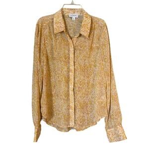 Evereve Womens Size Medium Yellow Long Sleeve Emma Ikat Chiffon Top